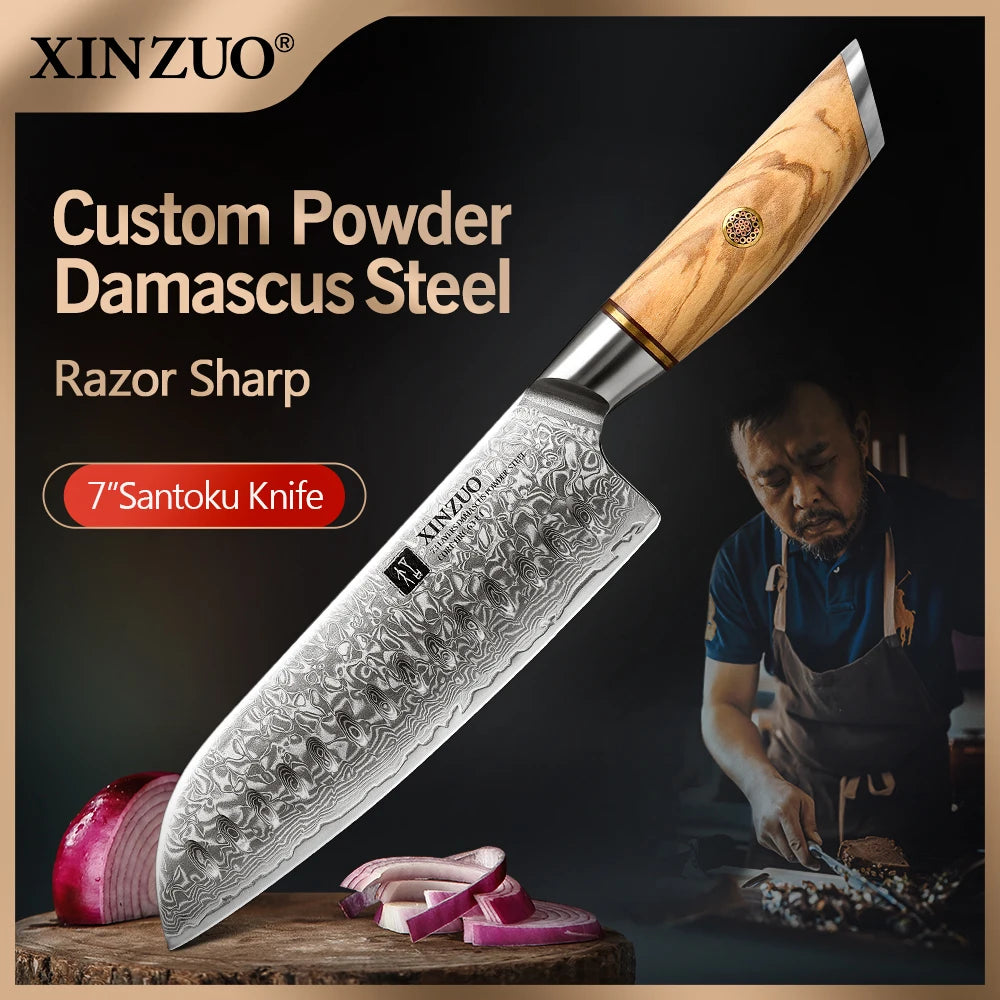 KD 7'' Santoku Knife 73 Layers Real Damascus Steel Knife