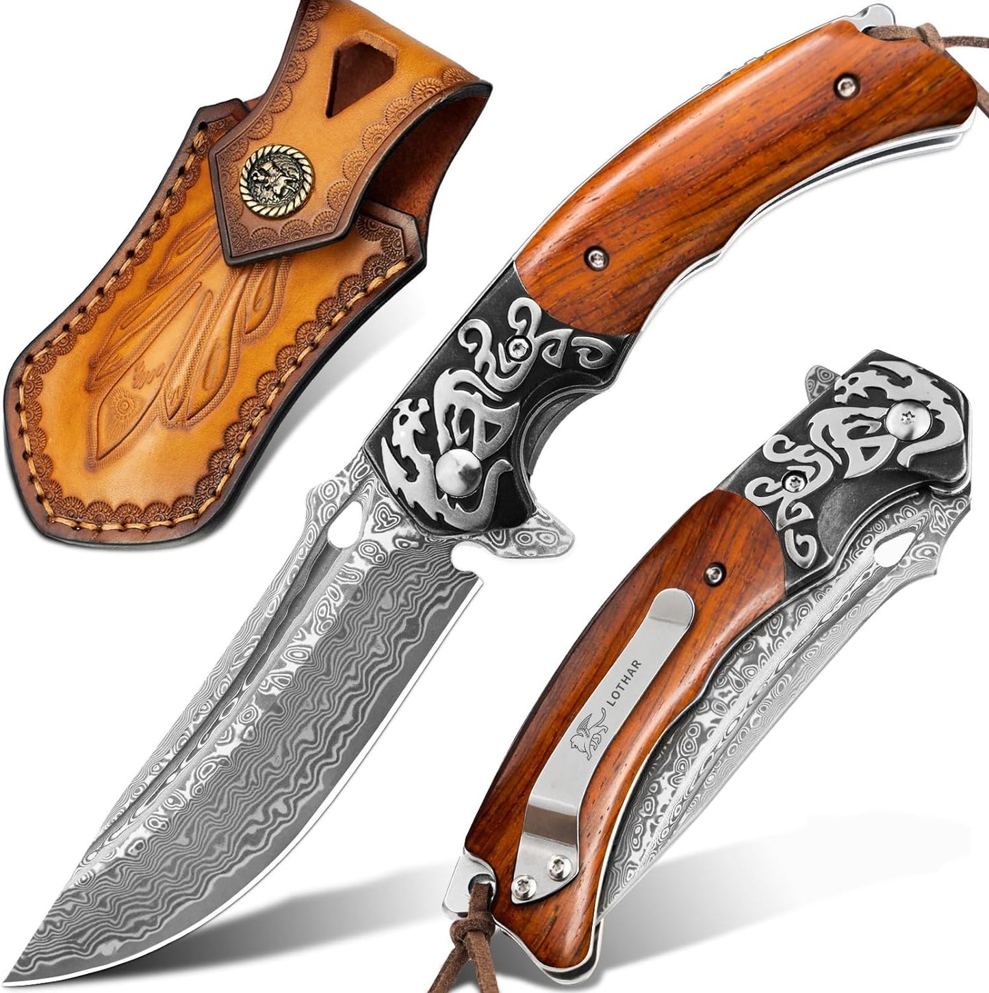 KD Pocket Knife VG10 Damascus Folding Knife Retro Leather Sheath