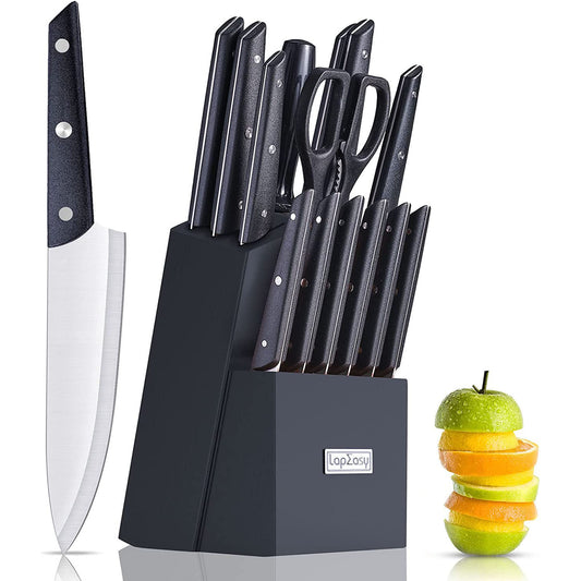 KD Knife Set With Block LapEasy 15 Pieces Kitchen Knife Set With Pine Block Holder Sharpener