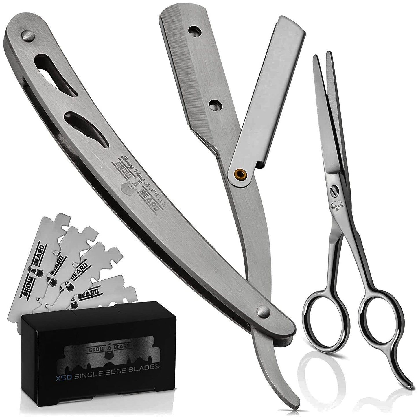 KD Straight Complete Razor with 50 Single Blades & Scissors