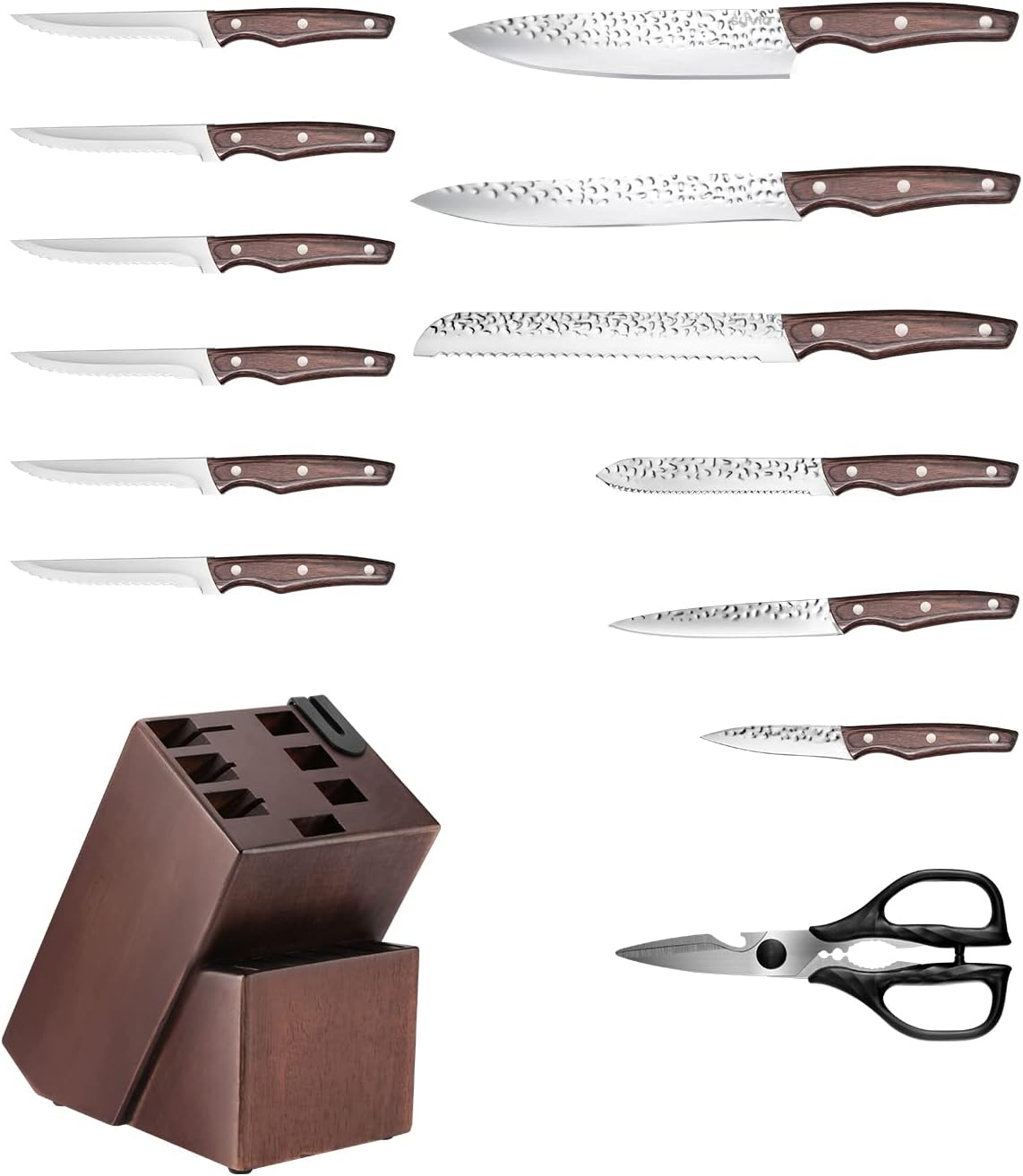KD 14 PCS Wood Handle Kitchen Knife Set with Sharpener Block