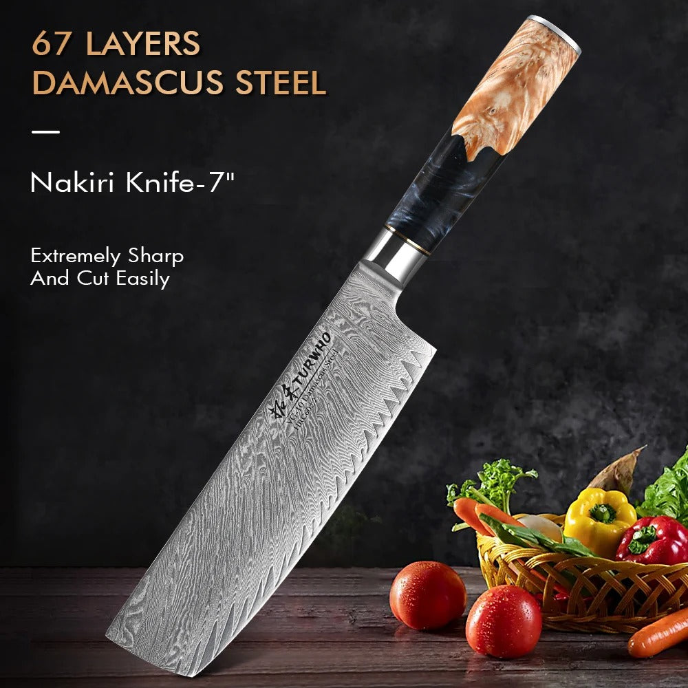 KD 7 Inch Nakiri Kitchen Knife Japanese VG10 Damascus Stainless Steel Chef Knife