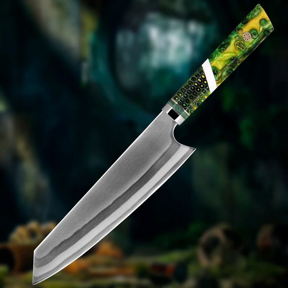KD 8" Kiriksuke Knife Damascus Steel and Green Resin Honeycomb Handle