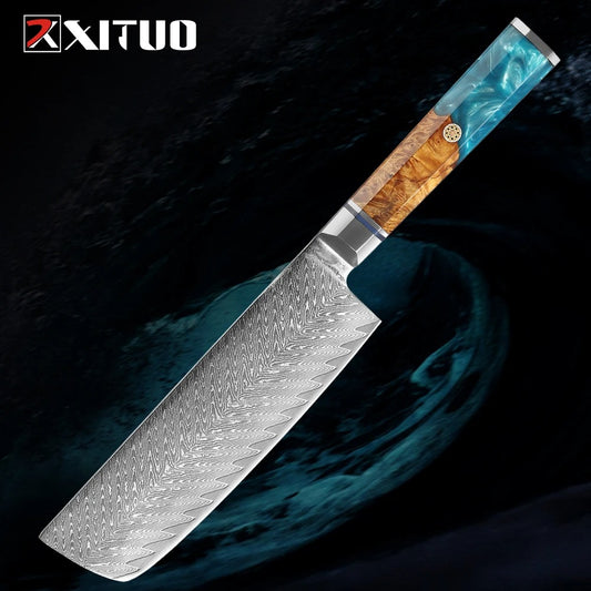KD Nakiri Knife 7 inch Japanese Kitchen Chef Knife Damascus Steel Knife