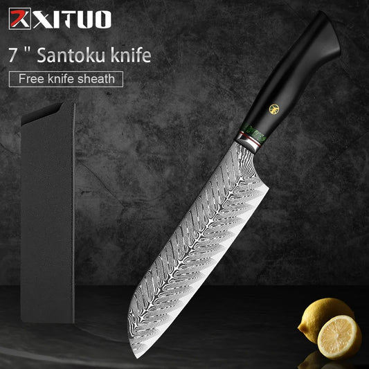 KD 7 Inch Damascus Steel Santoku Knife Japanese Kitchen Knives