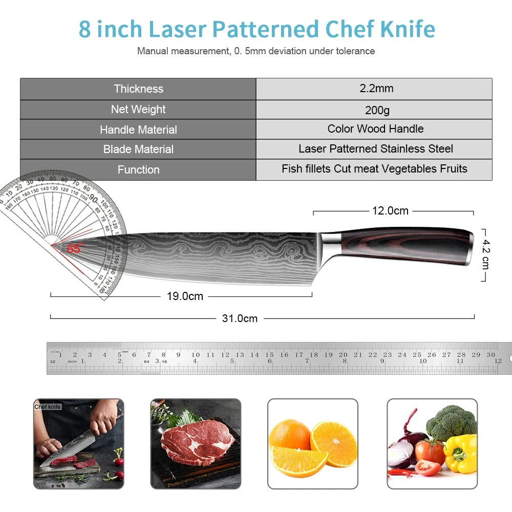 KD Sharp Kitchen Knives 8" Santoku Chef Knife Damascus Pattern Cleaver Slicing Knife