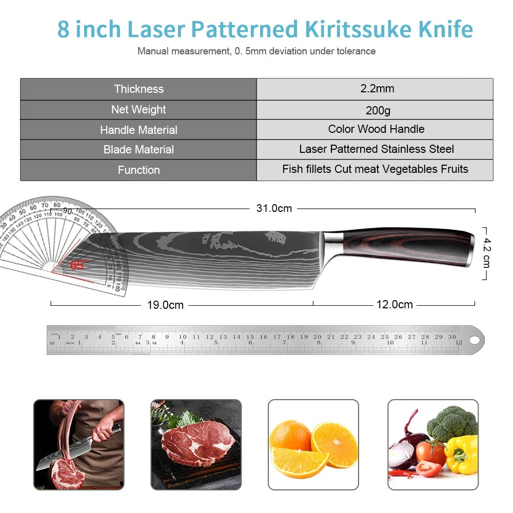 KD Kiritsuke Chef Knife 8" Japanese Kitchen Knives for Slicing Meats and Vegetables 