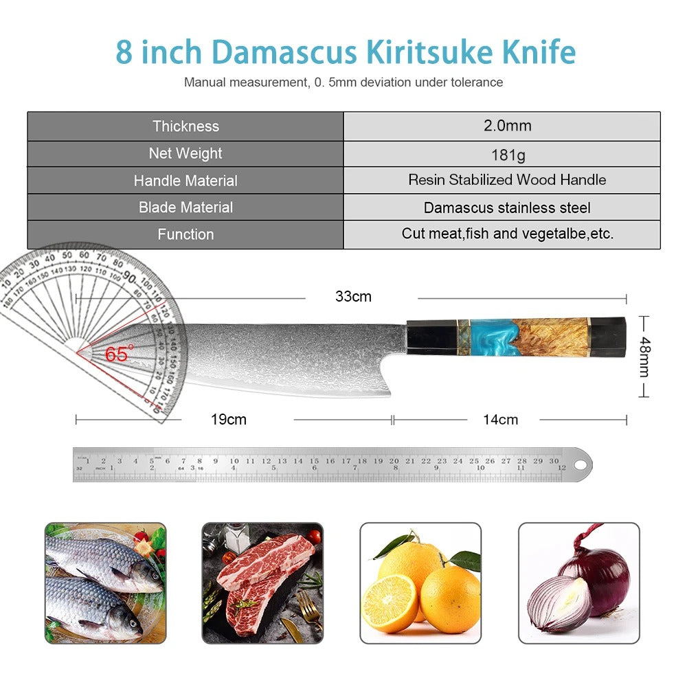 KD Damascus Kiritsuke 8 inch Chef Knife Japanese VG10 Damascus Steel Knife