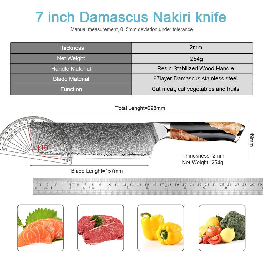 KD Japan Nakiri Knife 7" Damascus VG10 Stainless Steel Chef Cooking Knife