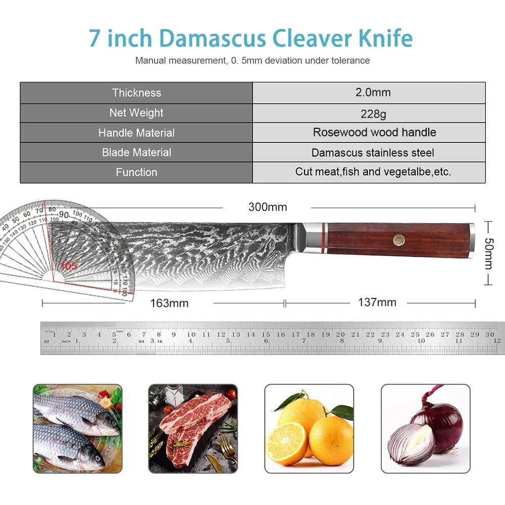 KD 7 Inch Japan Nakiri Knife Damascus Steel Vegetable Knife Asian Kitchen Knife 
