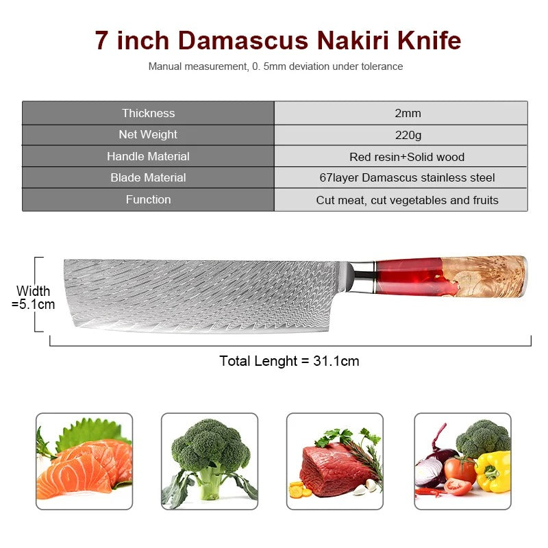 KD 7" Nakiri Knife Damascus VG10 67-layer Stainless Steel Pro Kitchen Knives