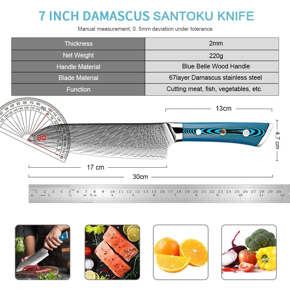 KD 7 Inch Japanese Santoku Knife Damascus High Carbon Steel VG10 Kitchen Knife