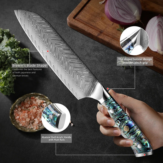 KD 7 Inch High Carbon Santoku Knife 67-Layer Damascus Japanese Steel Kitchen Knife