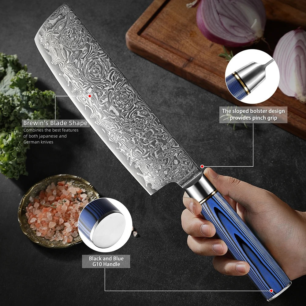 KD Damascus Steel Nakiri Knife 7 inch Kitchen Chef Knife Cleaver Knife