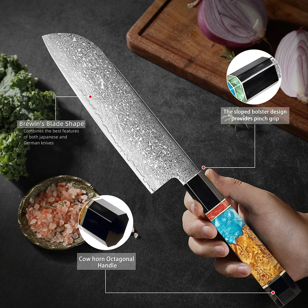 KD Santoku Knife 7 Inch Chopping Knife Damascus Stainless Steel Chef Knife