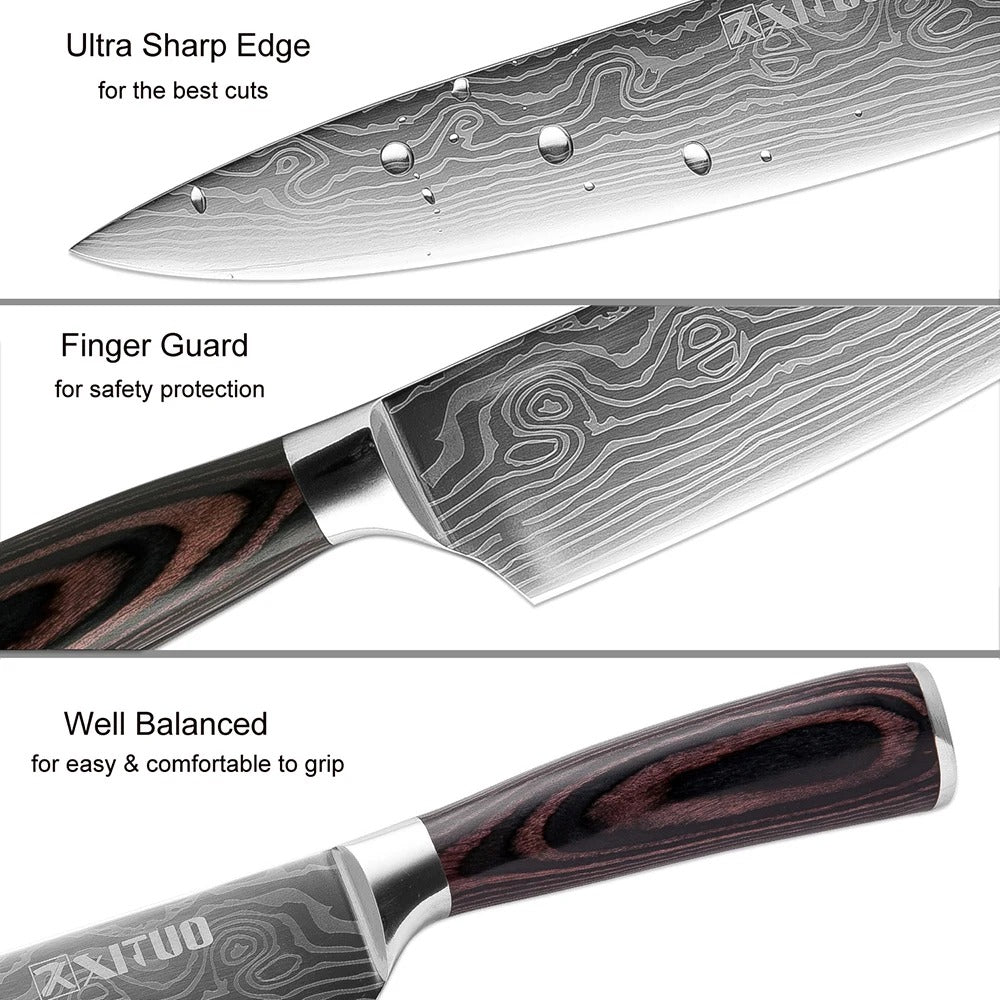 KD Sharp Kitchen Knives 8" Santoku Chef Knife Damascus Pattern Cleaver Slicing Knife