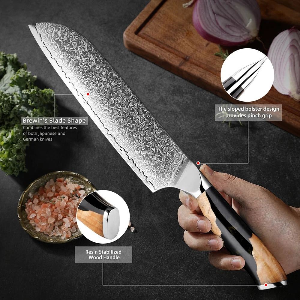 KD Santoku Knife 7 inch Kitchen Knife VG10 Damascus Steel Ultra Sharp Chef's Knife