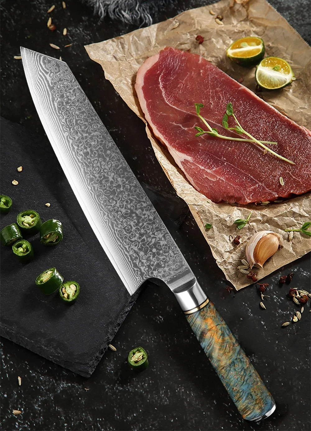 KD Damascus VG10 Steel 8-inch Chef Knife Japanes Kiritsuke Gyuto Cleaver Tool