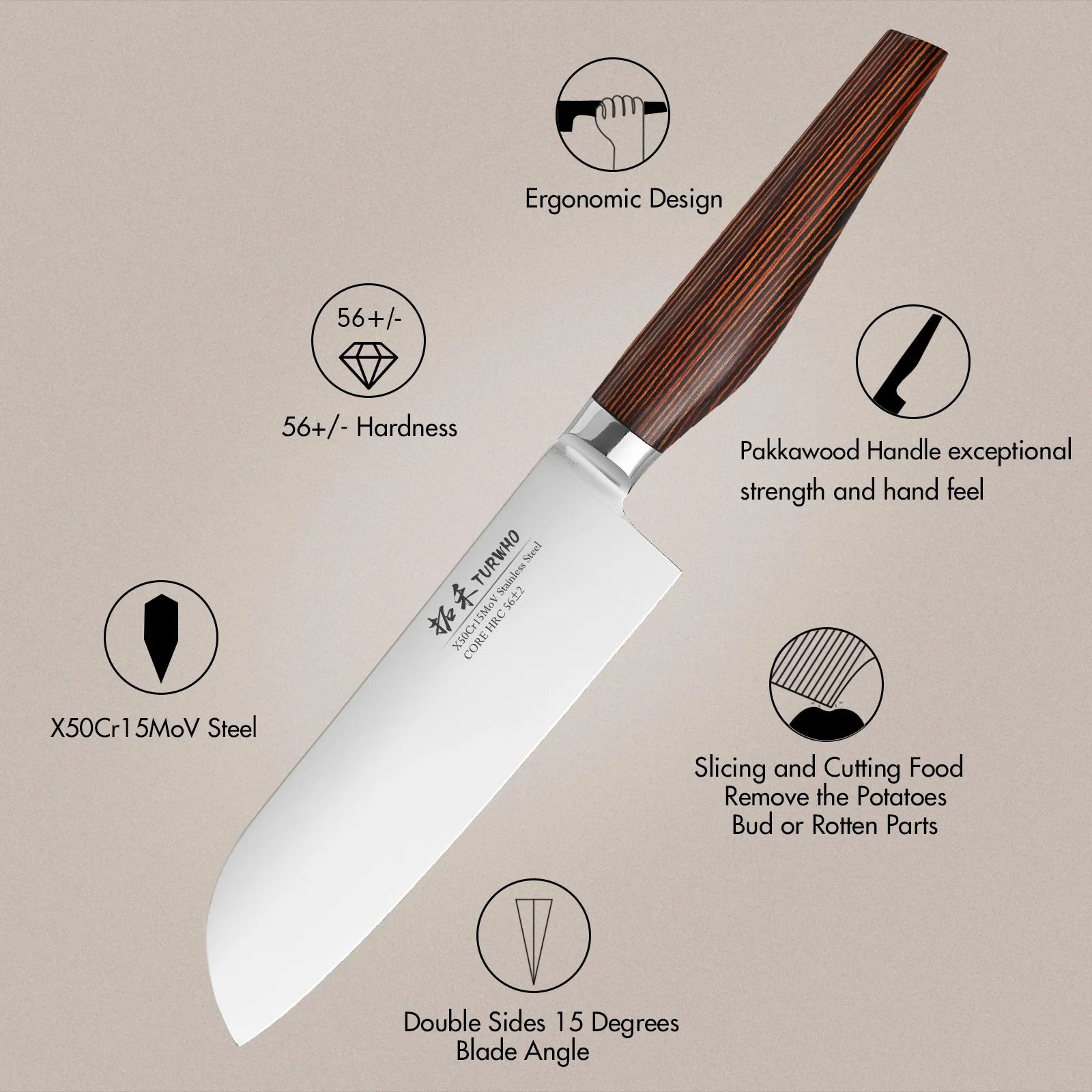 KD 7 Inch Japanese Santoku Knife High Carbon Stainless Steel X50Cr15MoV Kitchen Knife