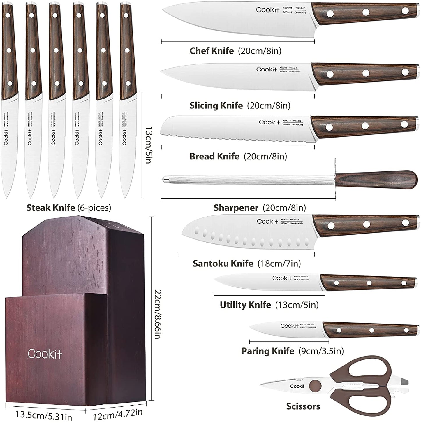 KD 15 Piece Stainless Steel Kitchen Knife Sets with Block Chefs 