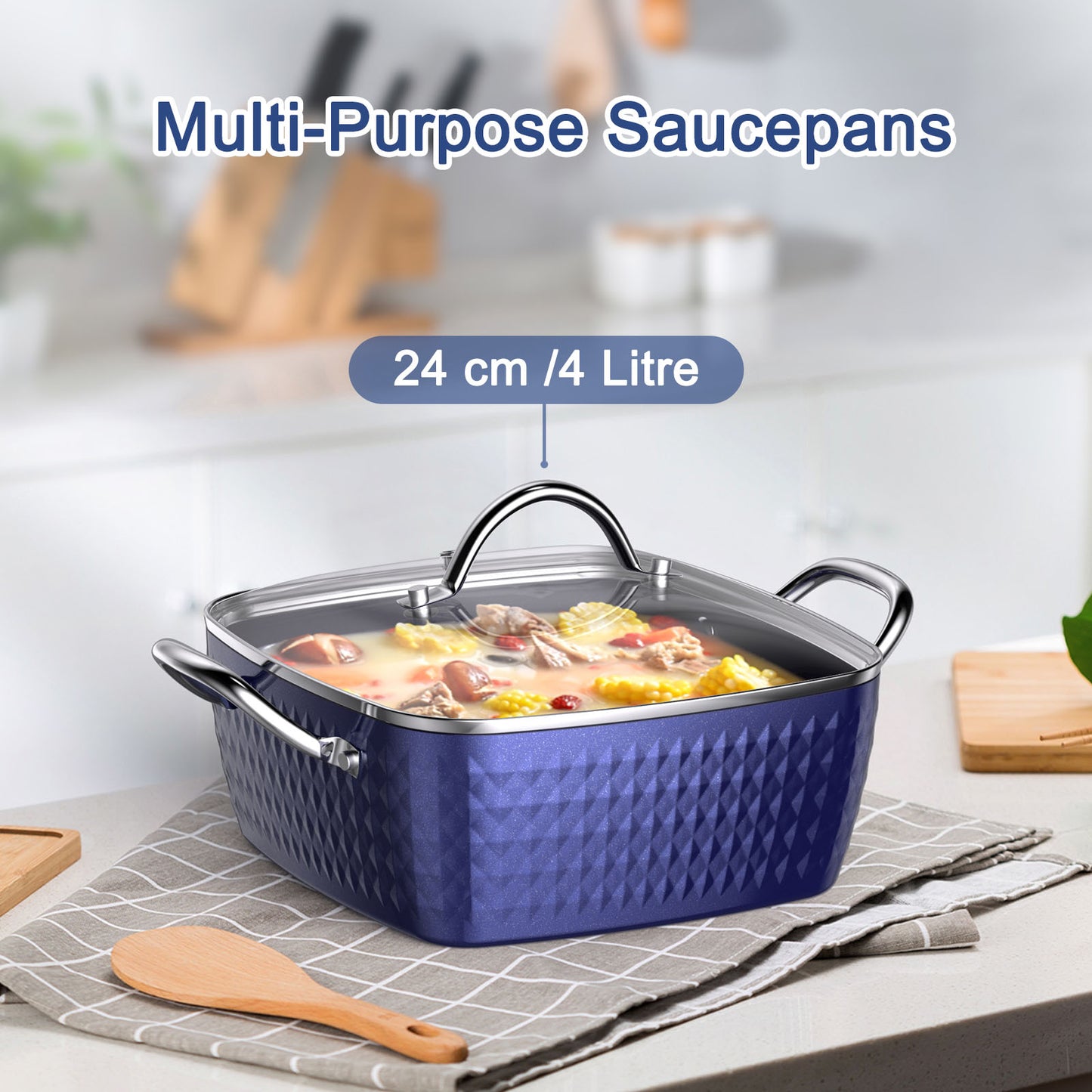 KD Casserole Dish Square Induction Saucepan with Lid 24cm/ 4L Stock Pots Non Stick