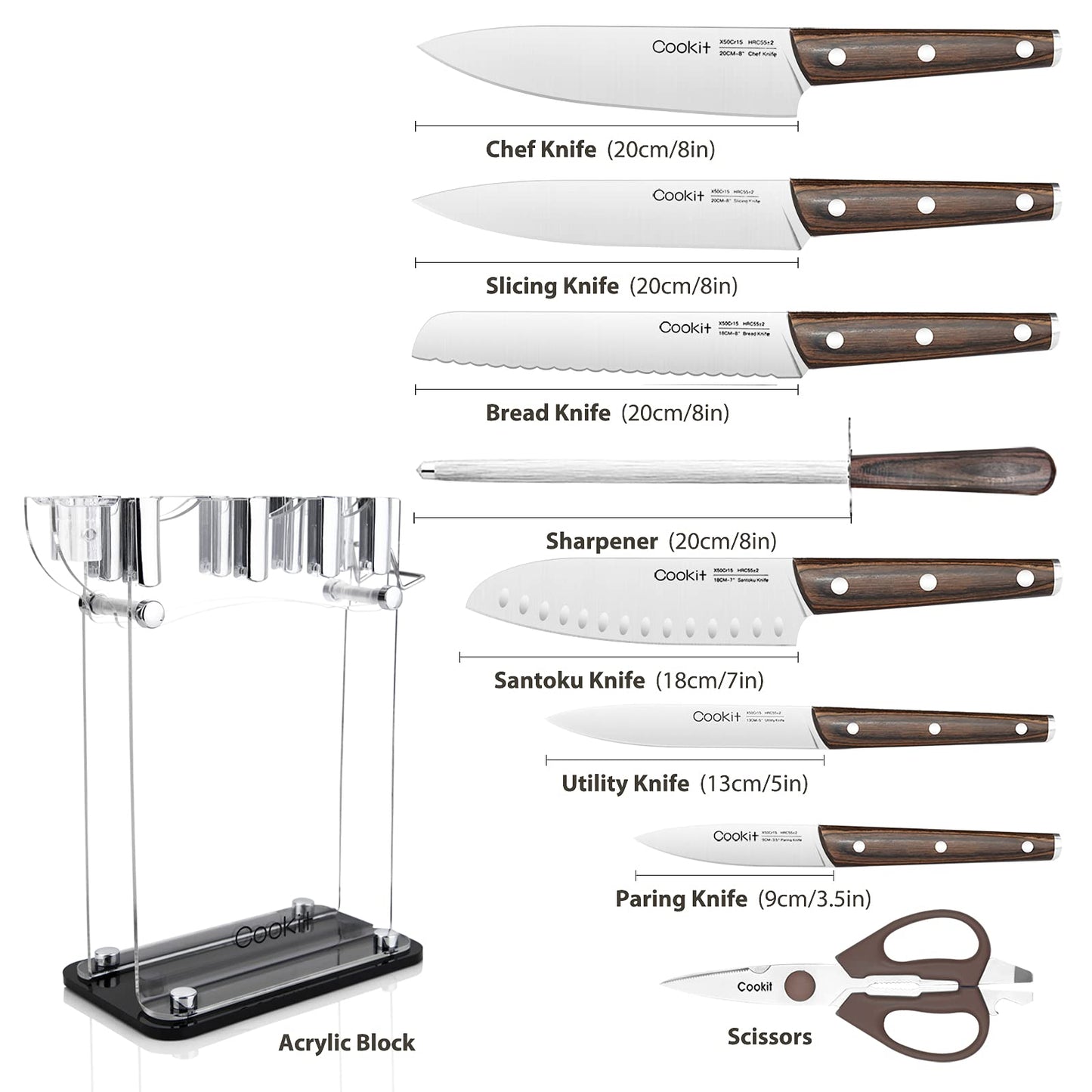 KD Knife Block with Knife 9 Pcs Kitchen Knife Set Sharp with Acrylic Block Holder