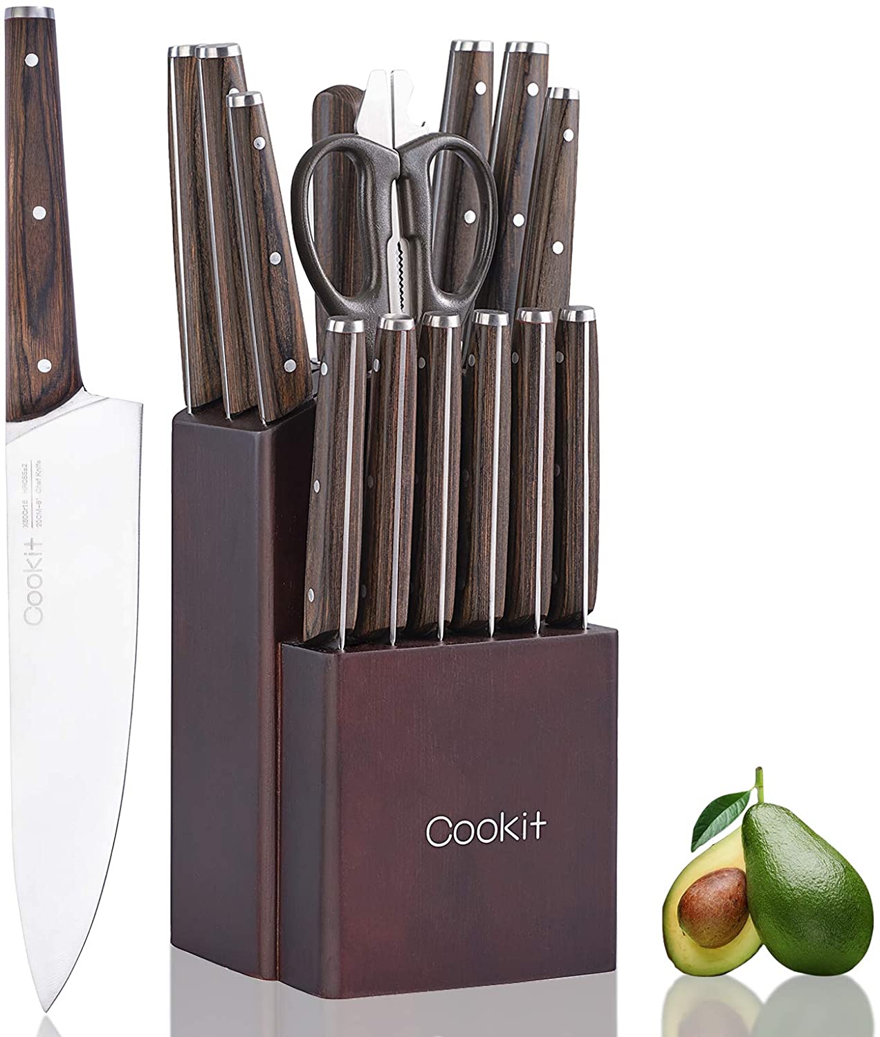 KD 15 Piece Stainless Steel Kitchen Knife Sets with Block Chefs 