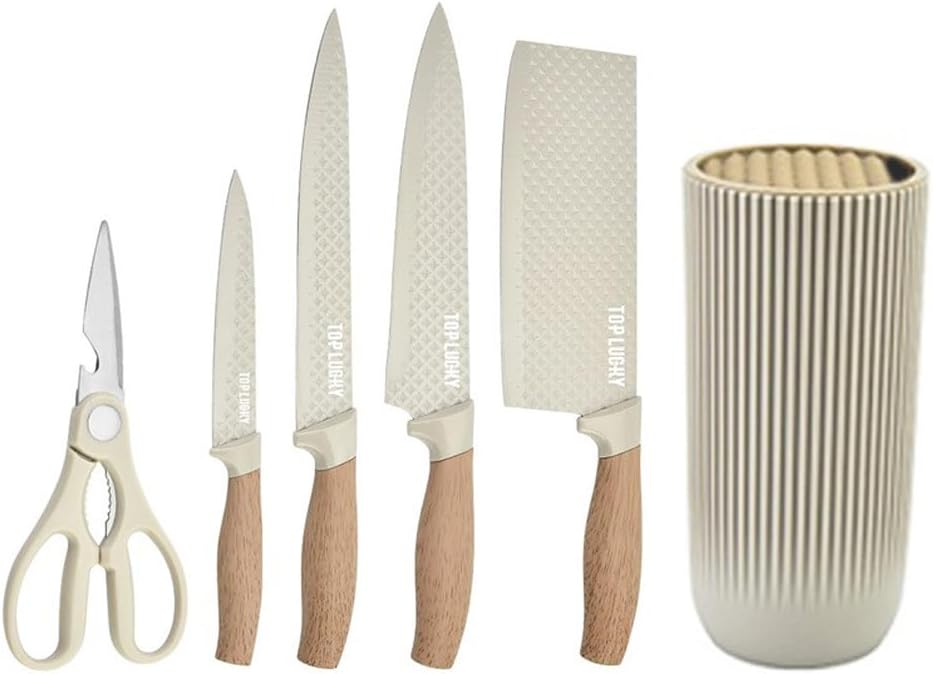 Knife Set, 6-Piece Khaki Professional Kitchen Knife Set for Chef, Super Sharp Knife Set with Universal Knife Block, Anti-Rust Stainless Steel Kitchen Knife Block Set, Ergonomical Design (Khaki)