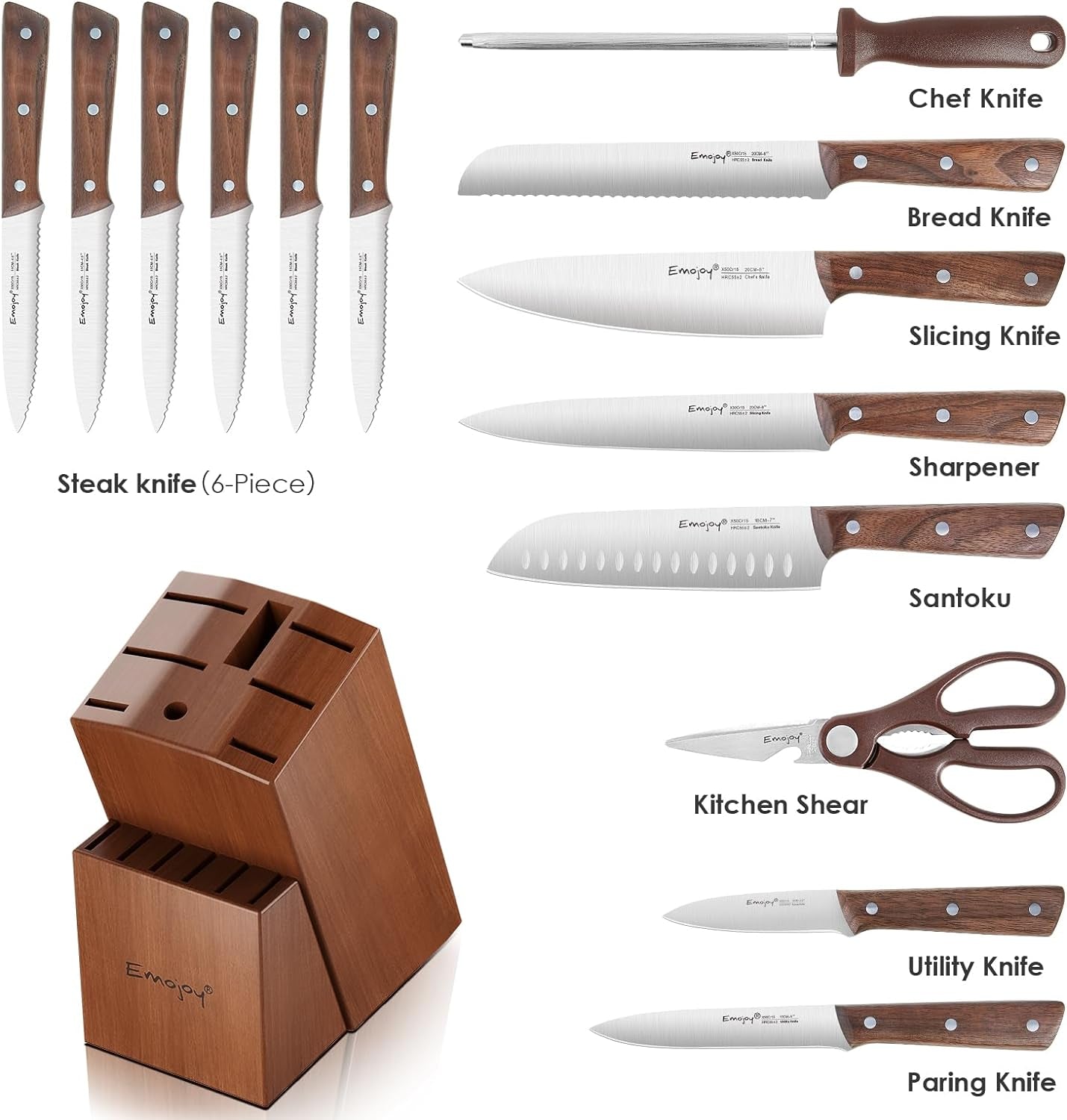 Emojoy Knife Set, 6 Piece Kitchen Knives Set with Block Wooden