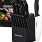 KD 15 Pcs High Carbon Stainless Steel Block Knife Set with Self Sharpening and 6 Steak Knives, Black
