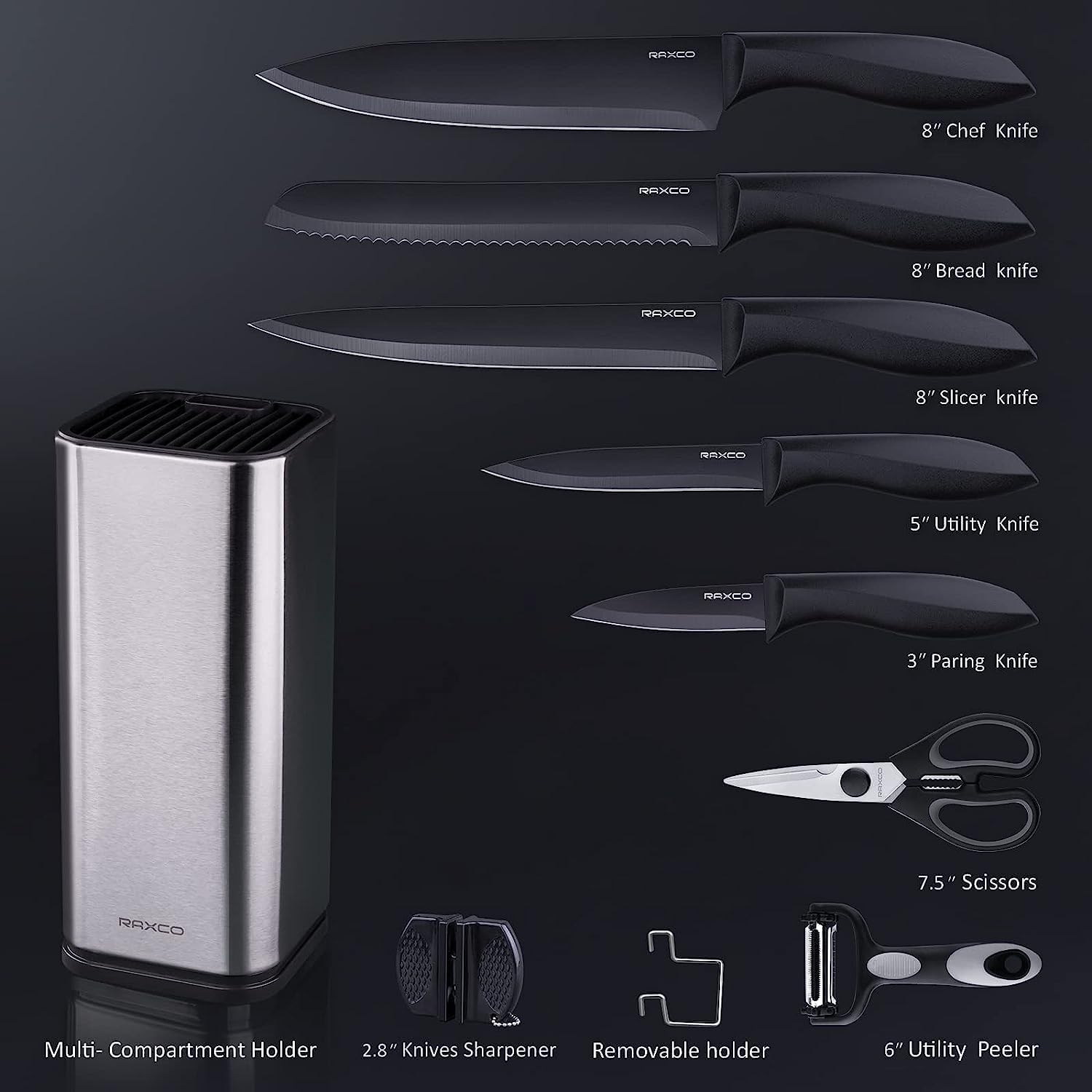 syvio Knife Sets for Kitchen with Block and 6 PCS Kitchen Utensils Set,  Knives Set for Kitchen 15 Pieces with Built-in Sharpener, Utensils Holder  for