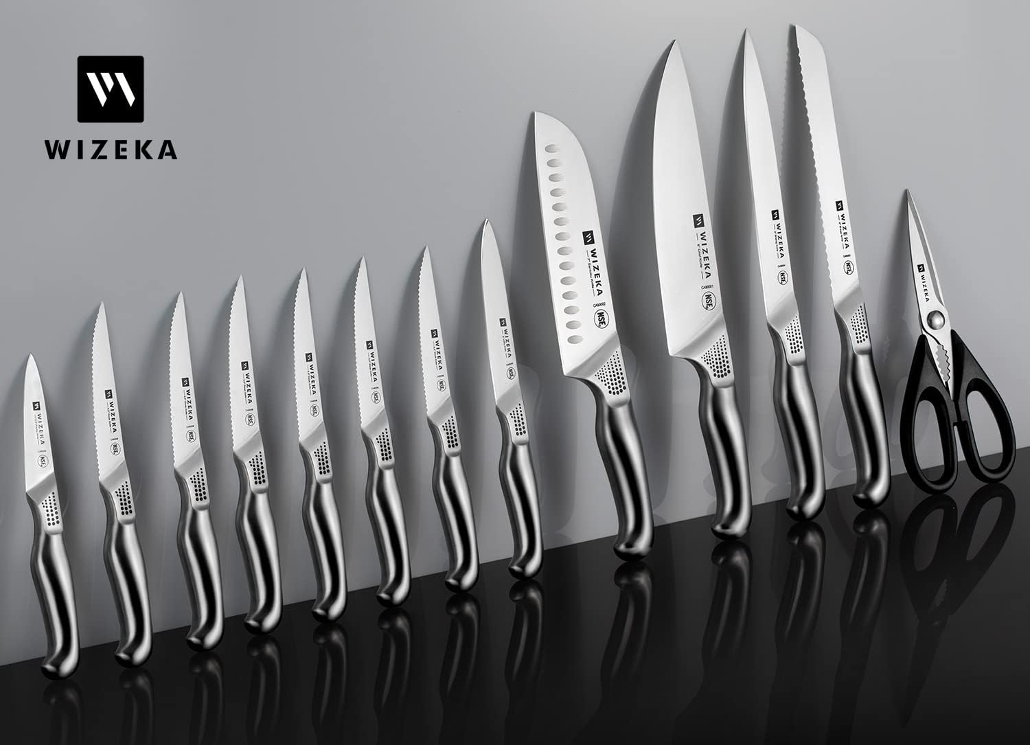 WIZEKA Kitchen Knife Set with Block NSF Certified 15pcs German Steel, New