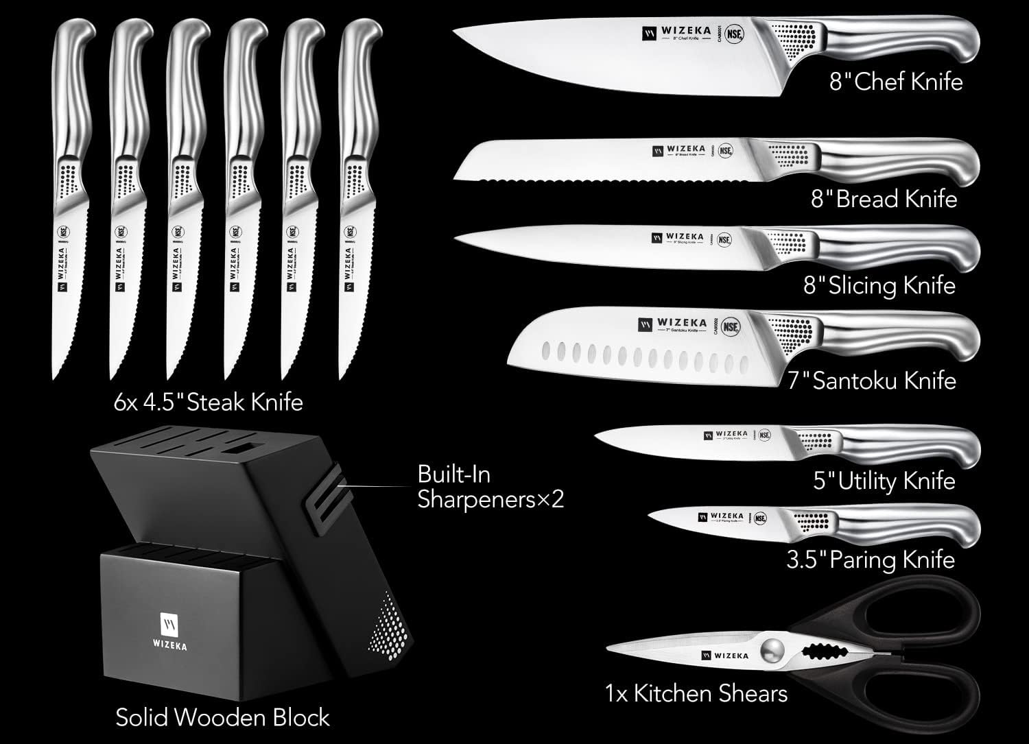  OOU Kitchen Knife Block Set - 15 Pieces High Carbon Stainless  Steel Chef Knife Sets, Anti-Rust Black Knives Set with Built-in Sharpener  Block, Black: Home & Kitchen