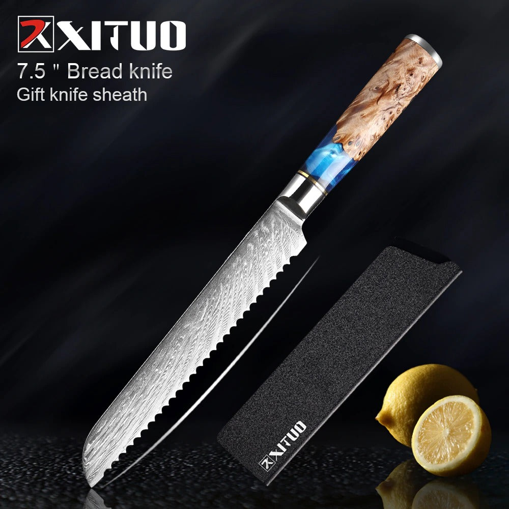 KD Real Damascus Steel Kitchen Knives - 7.5" Bread - Knife Depot Co.