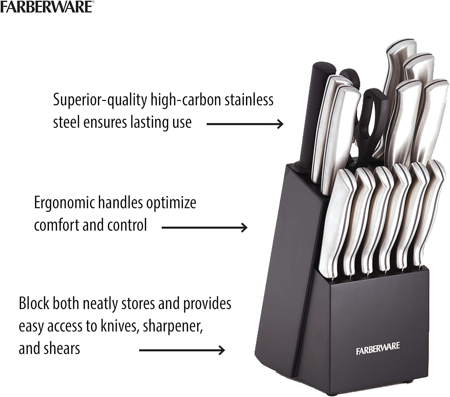 5152497 15-Piece High-Carbon Stamped Stainless Steel Kitchen Knife Set with Wood Block, Steak Knives, Razor-Sharp, Black