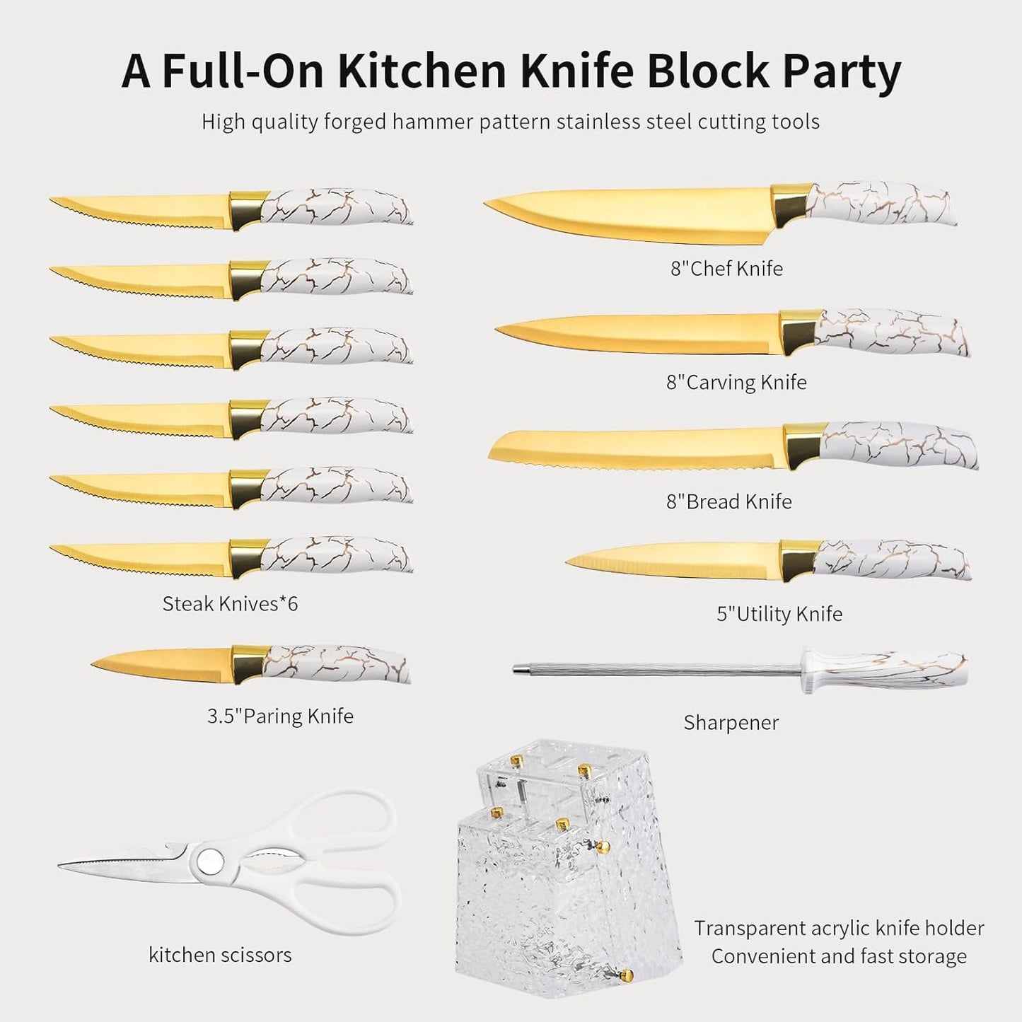 KD 14PCS Kitchen Knife Block Sets with Titanium Coated Blade