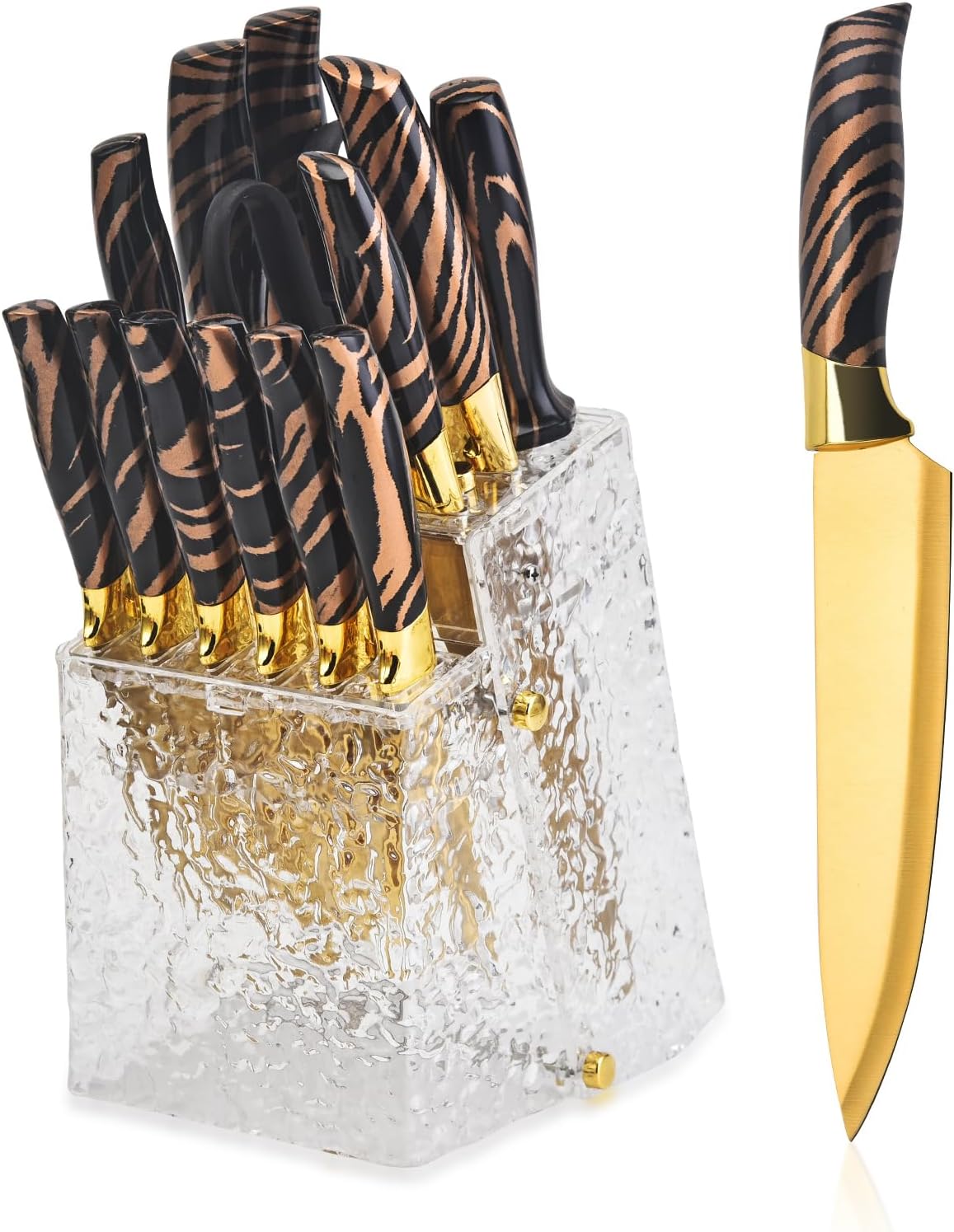 White and Gold Knife Set with Block Self Sharpening - 14 PC Titanium Coated  Gold and White Kitchen Knife Set and White Knife Block with Sharpener