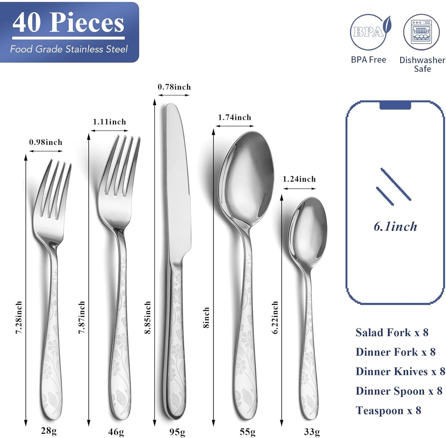 KD 40 Piece Silverware Stainless Steel Set Spoons Forks Knives
