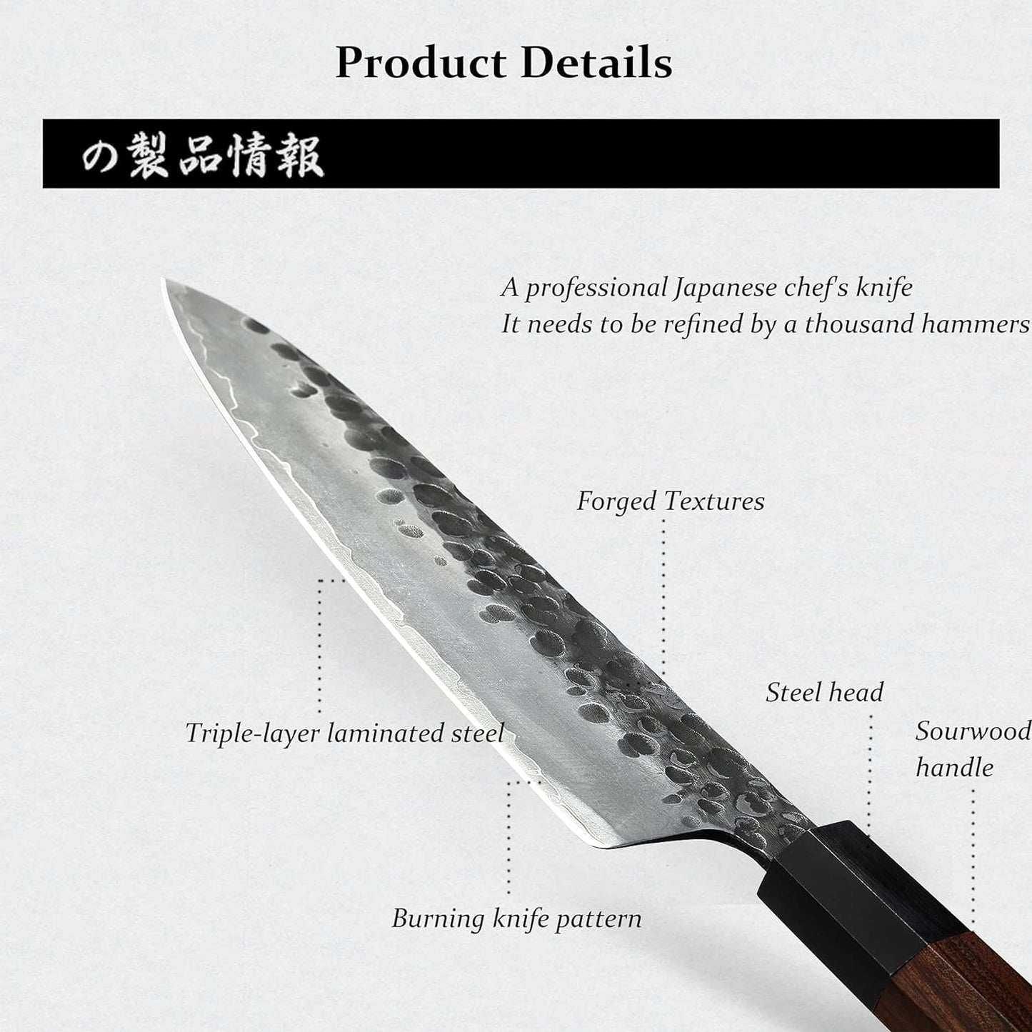 8 Inch Japanese Gyuto Chef Knife, Professional Hand Forged Kitchen Chef Knife, 3 Layers 9CR18MOV High Carbon Meat Sushi Knife (Rosewood Handle & Gift Box)
