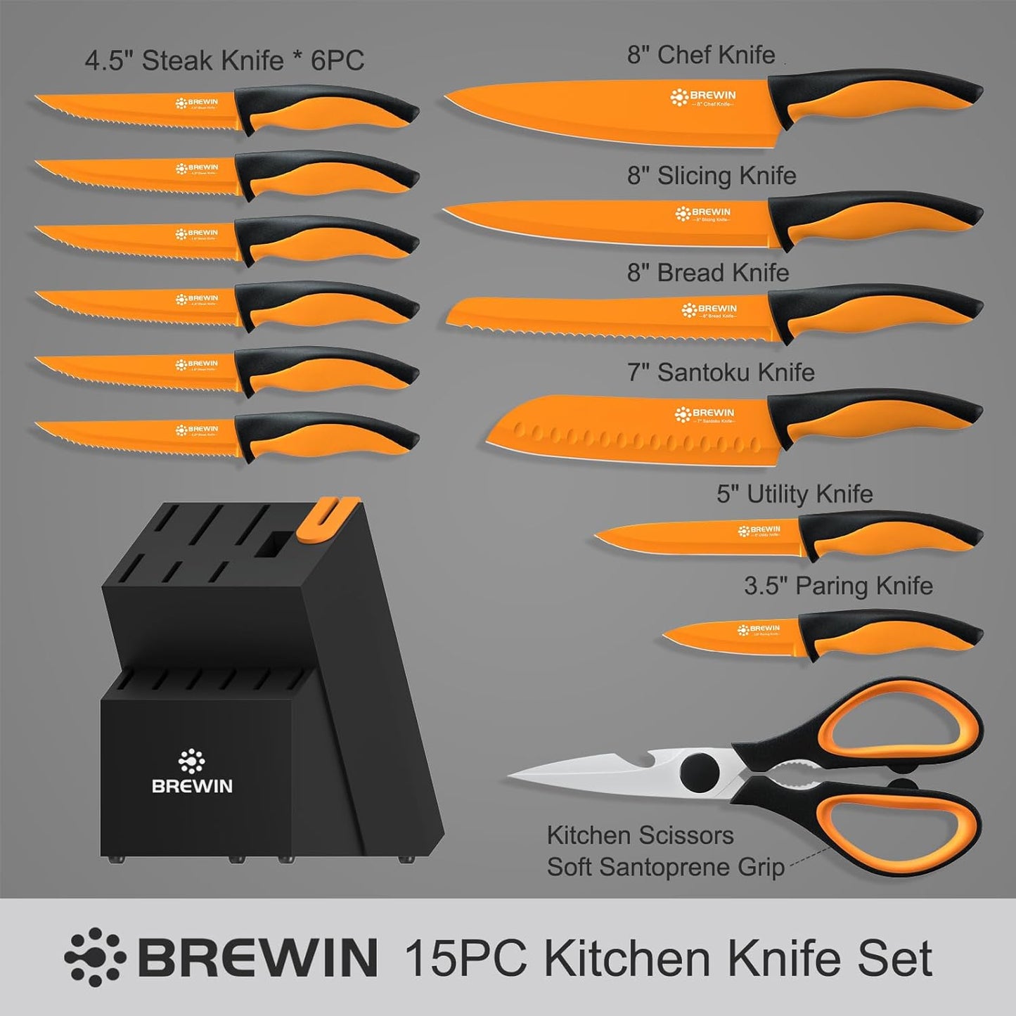 KD 15-Piece Kitchen Knife Set with Built-In Sharpener Block German Stainless Steel