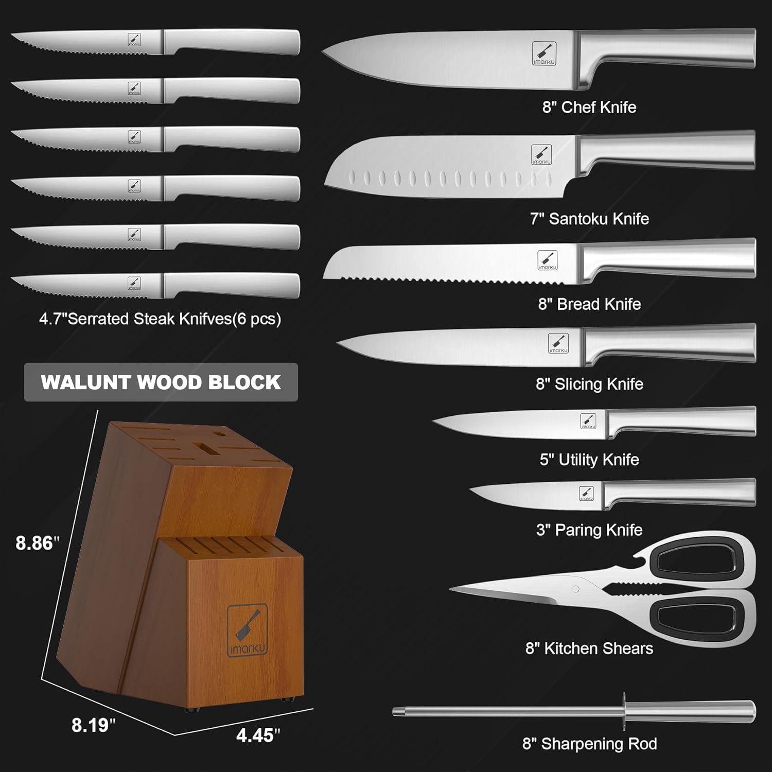 imarku | Knife Set 16-Piece Kitchen Knife Set with Block German Stainless  Steel Knife Sets for Kitchen with Sharpener & 6 Steak Knife Set - Blue