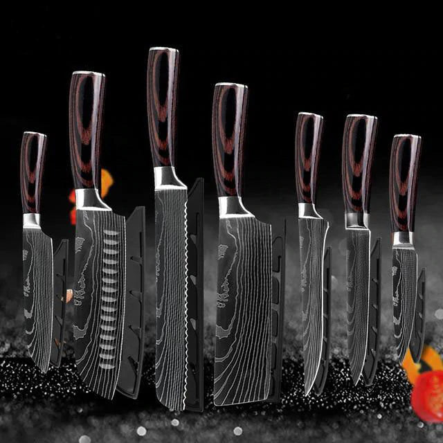 Damascus Etching High Grade Stainless Steel Super Sharp Kitchen Knife Set - 7PCS - Knife Depot Co.