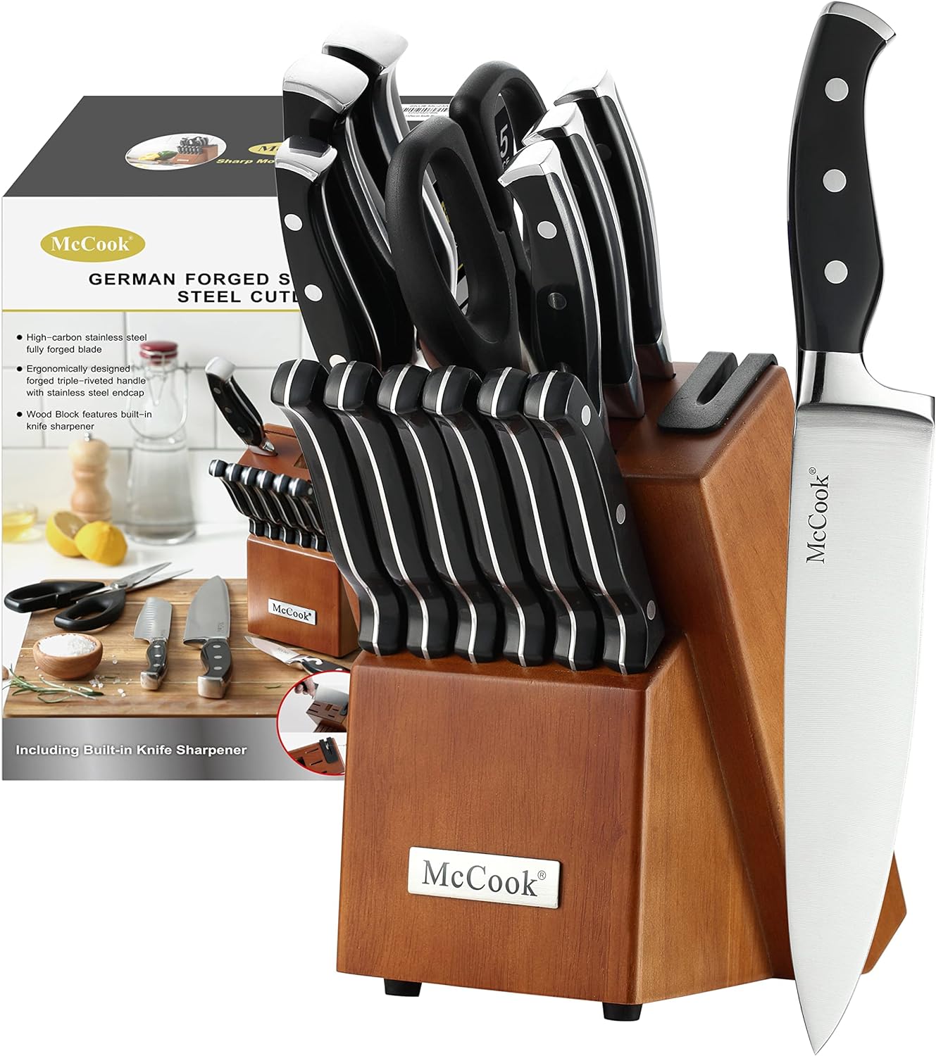  Astercook Knife Set, 15-Piece Kitchen Knife Set with Block,  Built-in Knife Sharpener, German Stainless Steel Knife Block Set,  Dishwasher Safe: Home & Kitchen