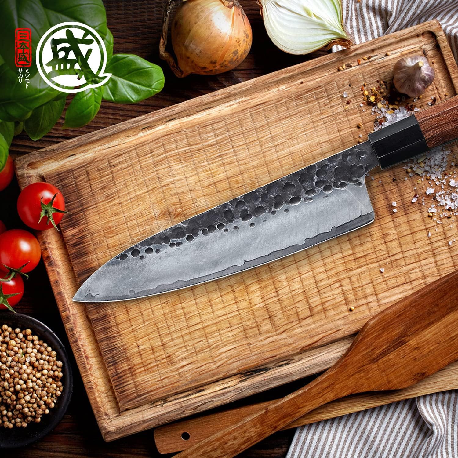 8 Inch Japanese Gyuto Chef Knife, Professional Hand Forged Kitchen Chef Knife, 3 Layers 9CR18MOV High Carbon Meat Sushi Knife (Rosewood Handle & Gift Box)