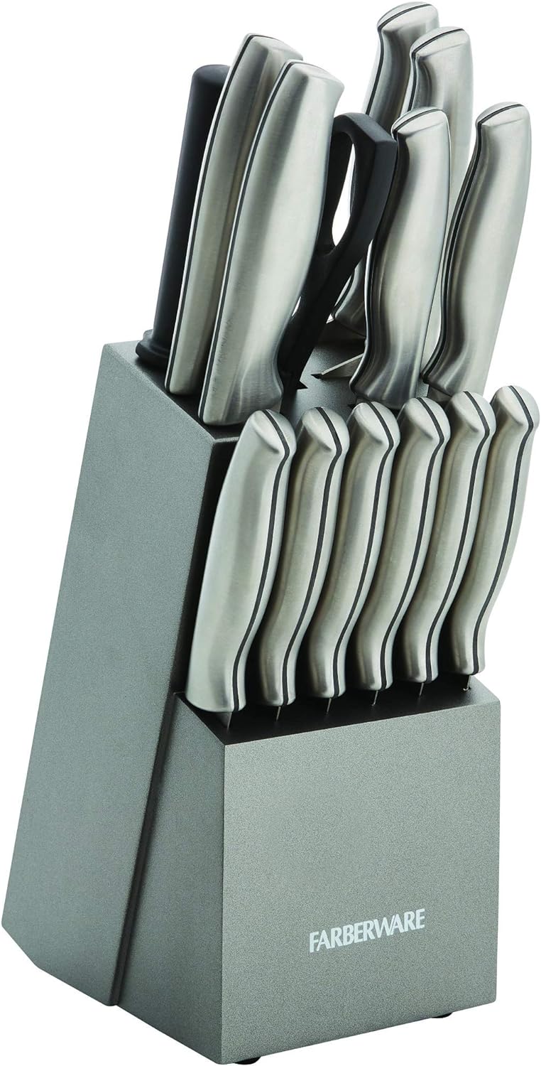 5152497 15-Piece High-Carbon Stamped Stainless Steel Kitchen Knife Set with Wood Block, Steak Knives, Razor-Sharp, Black