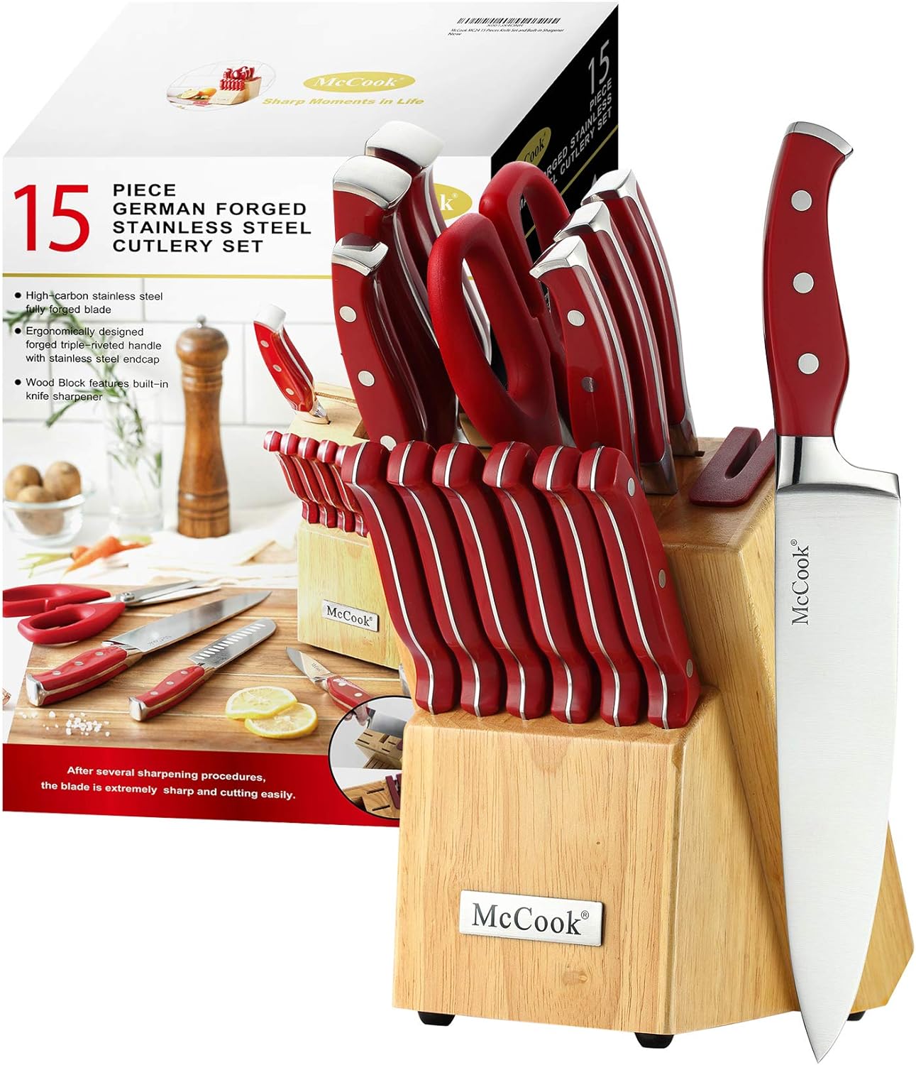 ® KD Kitchen Knife Block Set German Stainless Steel Knife with Built-In Sharpener