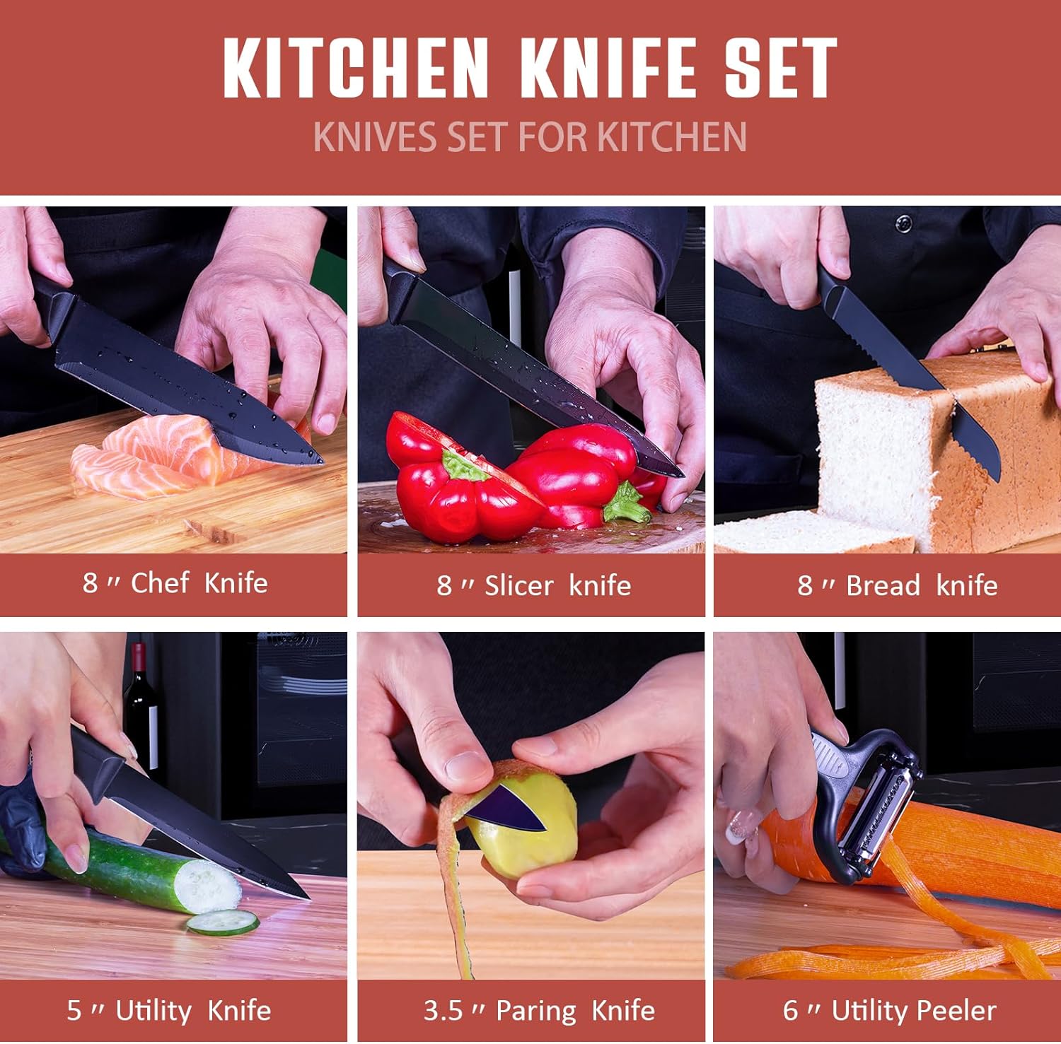 Deik Knife Set 6 Piece, Black Chef Knives with Sharp Blades Nonstick Coating Easy Grip Handle
