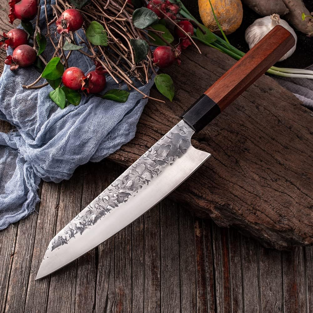 Chef Knife 8 Inch Hand Forged Carbon Steel Kitchen Cleaver Knives Octagonal Rosewood Handle