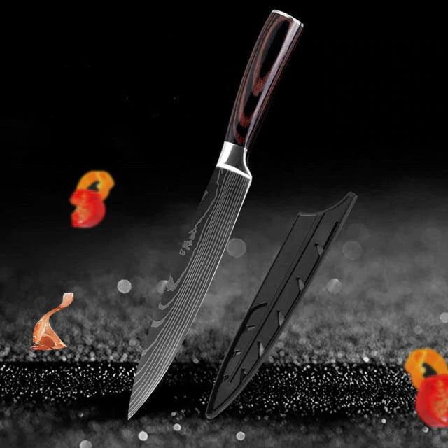 Damascus Etching High Grade Stainless Steel Super Sharp Kitchen Knife Set - 8" Slicing - Knife Depot Co.