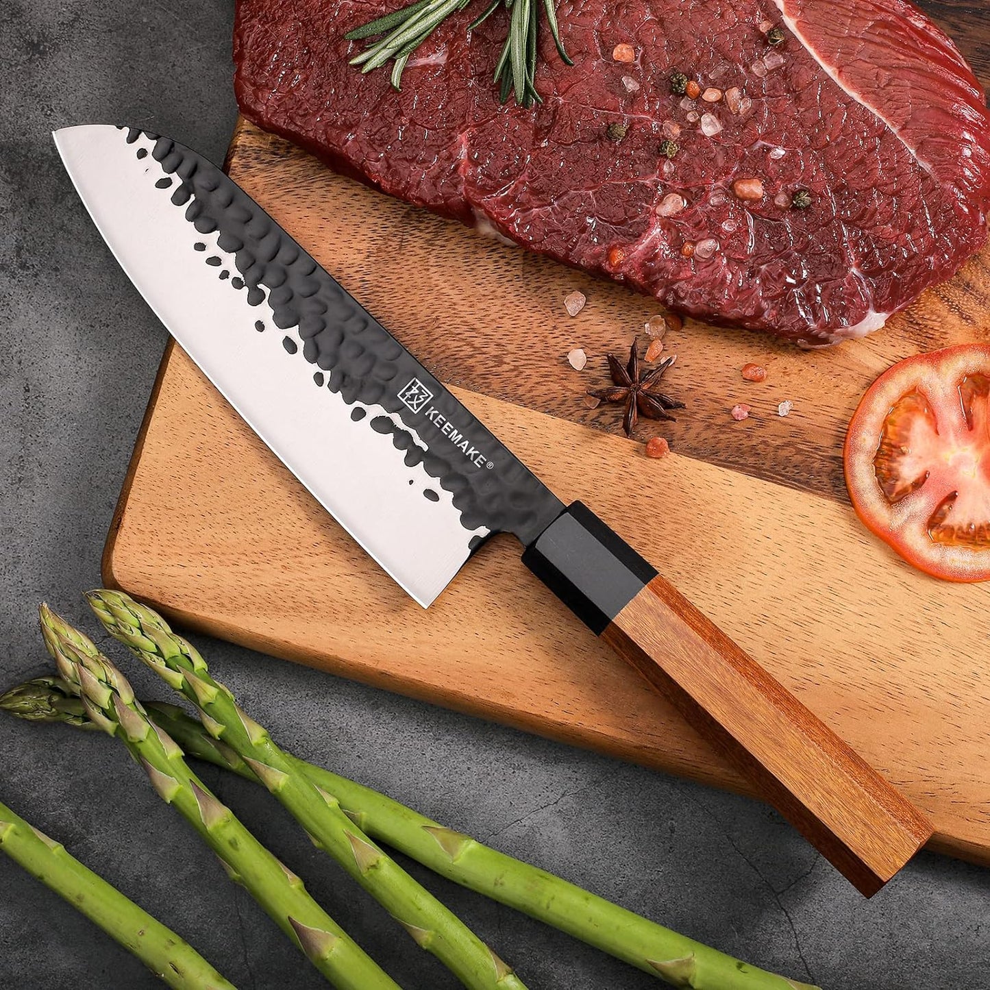 Santoku Knife 7 Inch Chef Knife, Japanese 440C Stainless Steel Kitchen Knife, Porfessional Cooking Knife for Meat Cutting with G10 Bolster Octagonal Wood Handle